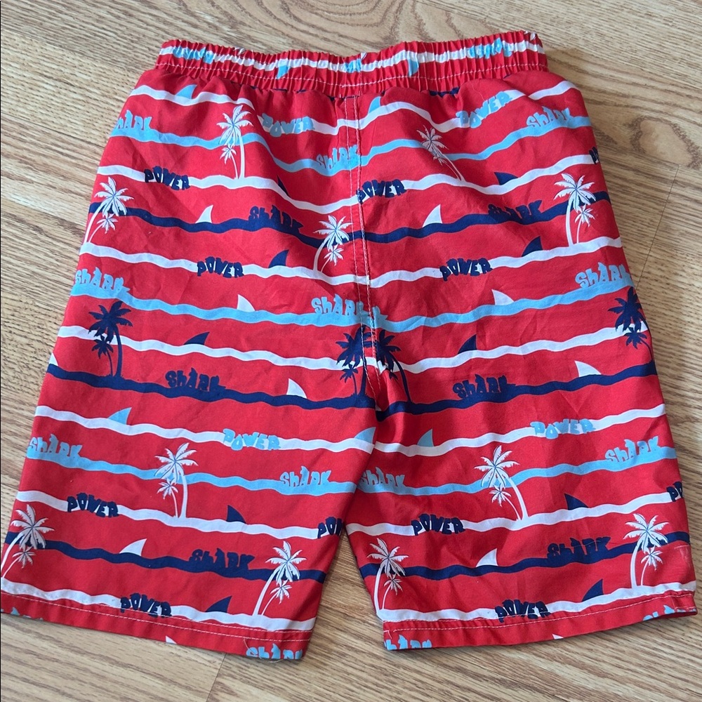 Boys swim trunks and rashguard set sz 8 shark palm tree red, white, + blue 🦈 🌴 - Picture 4 of 6